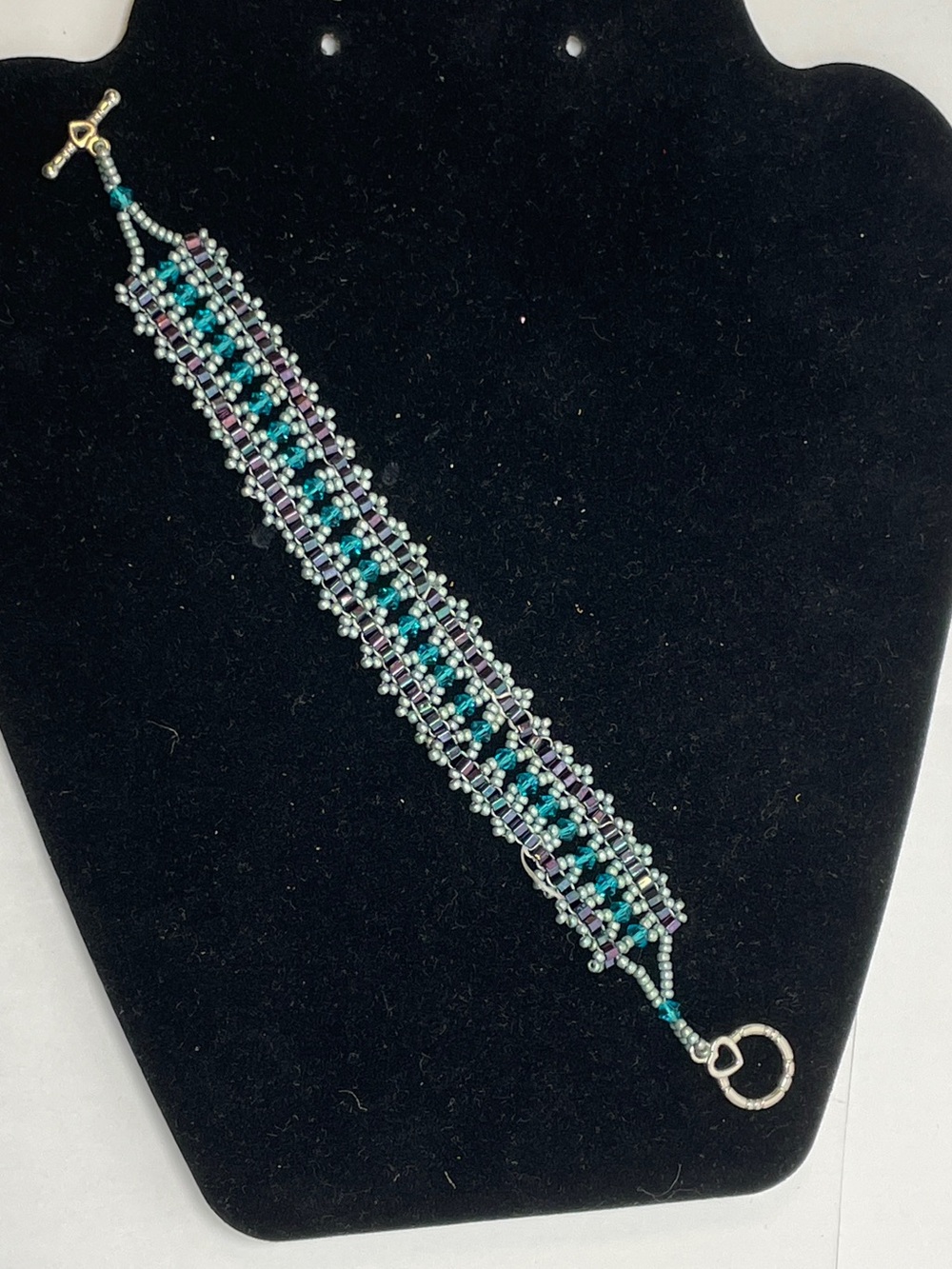 Iridescent Boho Purple Teal Silver Bead Cuffbracelet boho glass stackable 7.5”